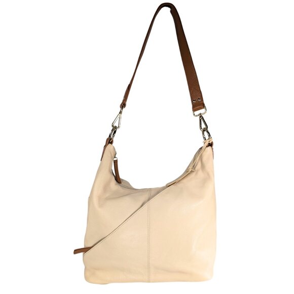 Levenger Cream & Brown Pebbled Leather Large Zip Hobo Shoulder Bag - Picture 1 of 11